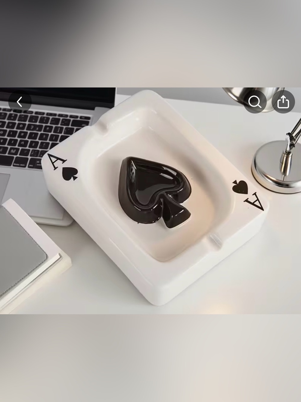 White Ceramic Ashtray with Black Spade Accent